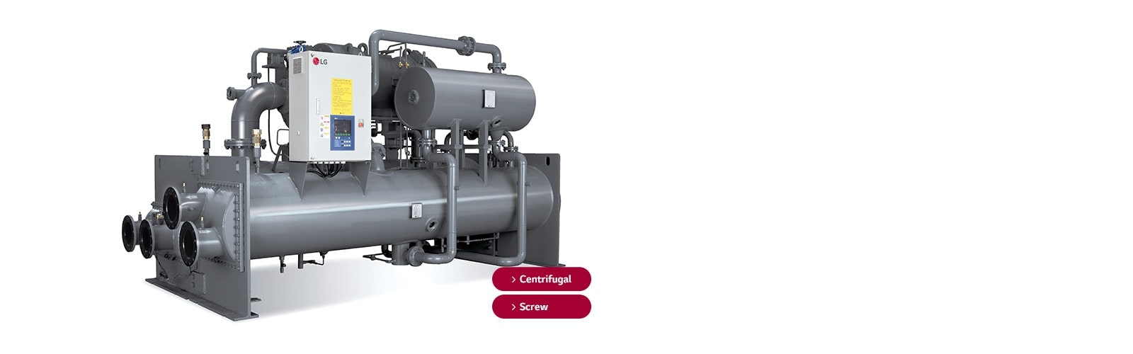 LG Centrifugal Chiller unit, a grey-toned assembly of circular and rectangular forms, adorned with red tags marking centrifugal, and screw.