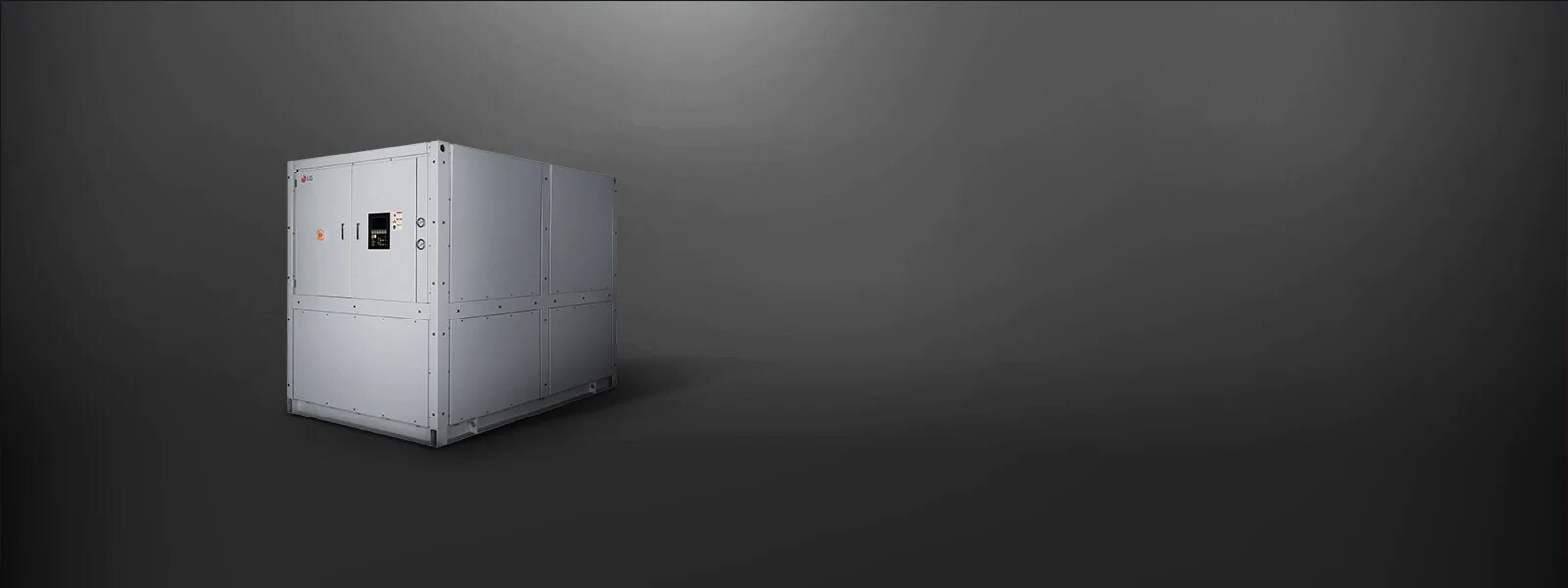 On display is an LG Water-cooled Screw Geo Thermal Heat Pump, characterized by a rectangular structure rendered in gray color.