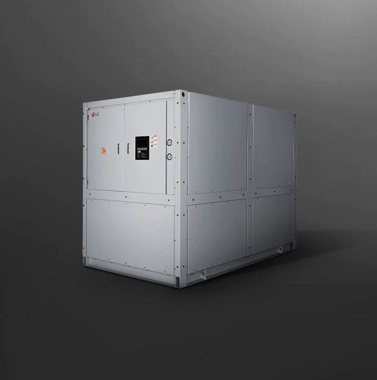 On display is an LG Water-cooled Screw Geo Thermal Heat Pump, characterized by a rectangular structure rendered in gray color.