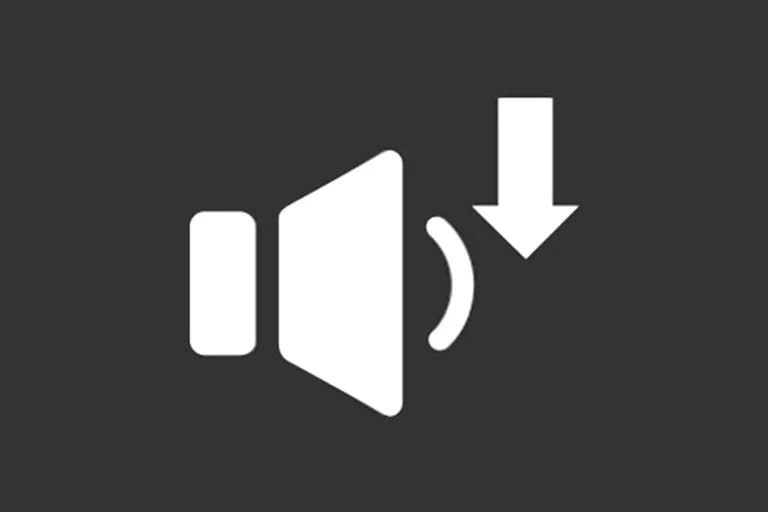 The white speaker with a simple design with a downward-facing arrow within a semicircle, indicating noise reduction.