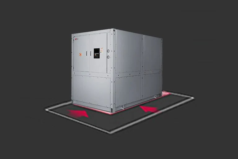 LG Water-cooled Screw Geo Thermal Heat Pump at the center is highlighted with a white box-shaped line, accompanied by a red arrow indicating the reduced size.