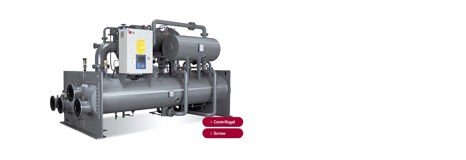 LG Centrifugal Chiller unit, a grey-toned assembly of circular and rectangular forms, adorned with red tags marking centrifugal, and screw.