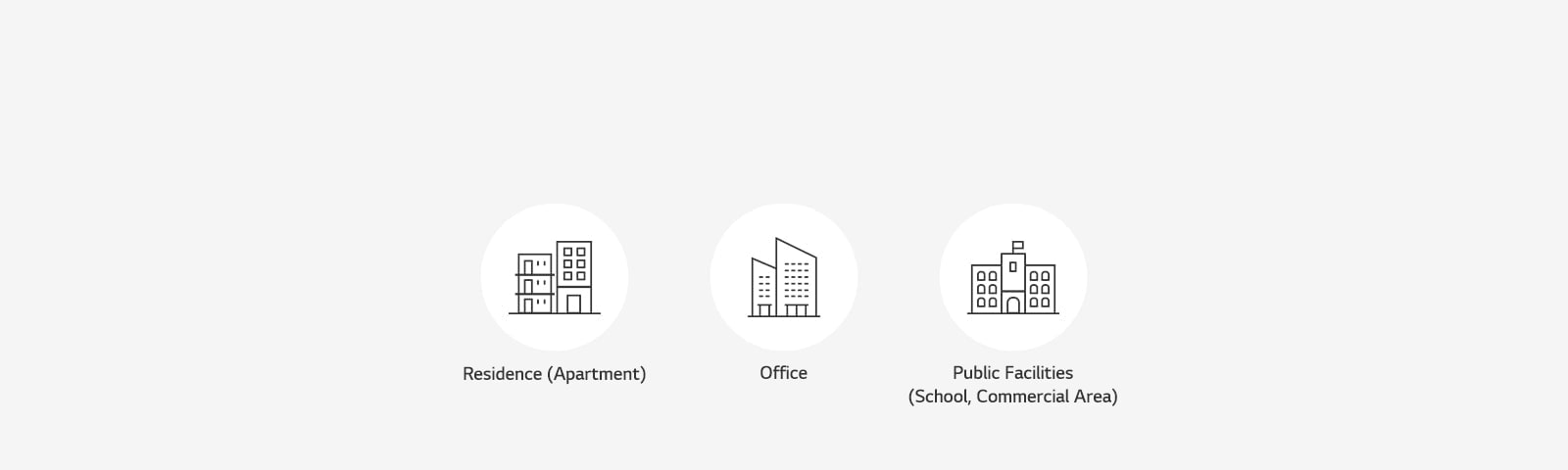 Three white circles from left to right depict outlines of a residence (apartment), an office, and a public facility like a school or commercial area.