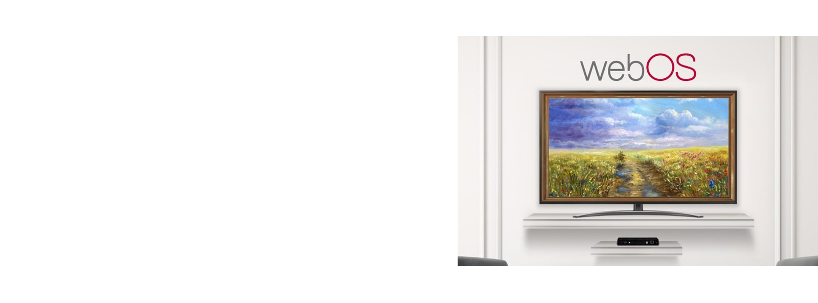 A TV connected to the STB6500 is screening an art piece with Gallery Mode based on webOS 5.0.