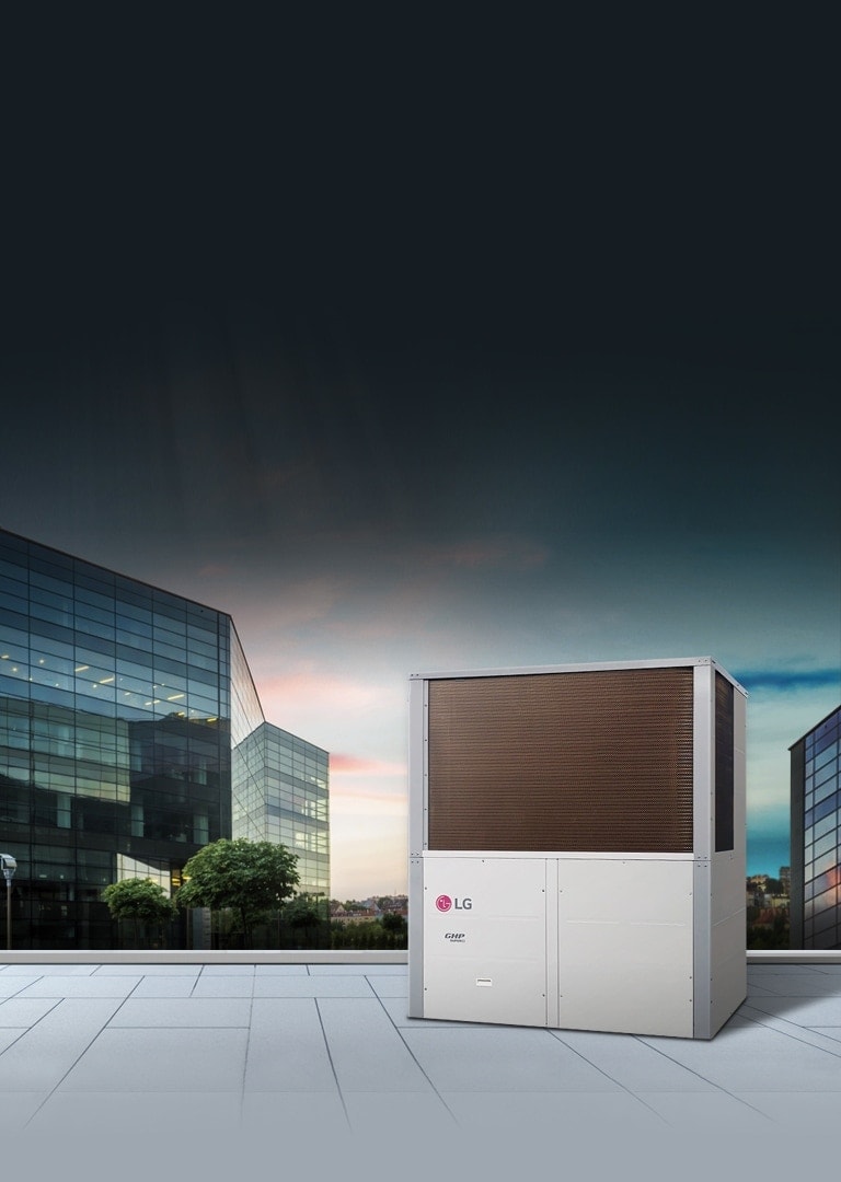 LG GAS Heat Pump GHP Super 3, with a silver frame, black top and white bottom, is showcased against a backdrop of glass buildings.