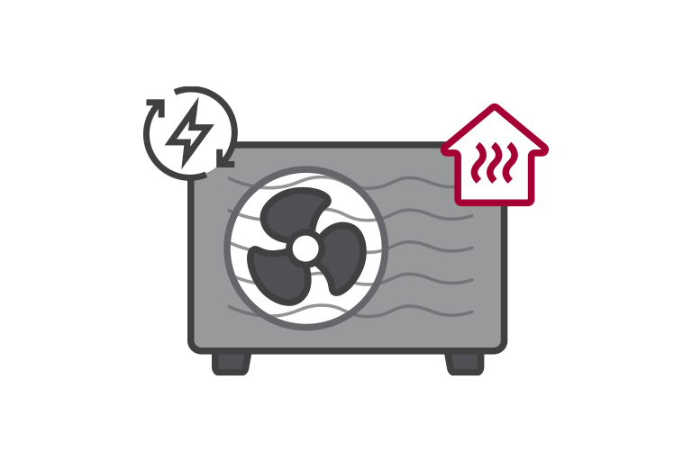 Lower left outdoor unit contains a fan and cogs while an indoor unit standing to the right. An arrow from the indoor unit points to the outdoor unit.