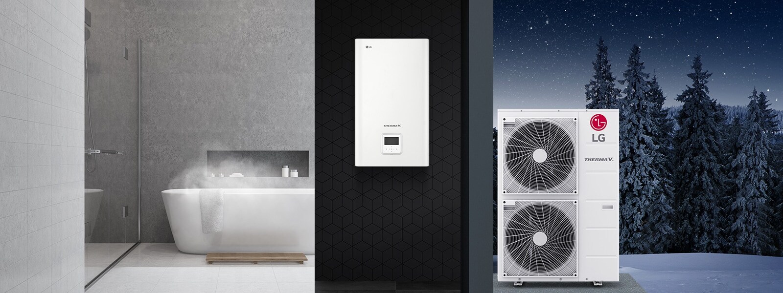 A steamy bathtub situates left, flanked by the LG Therma V indoor unit at the center and LG Therma V double-stack outdoor unit to the right.