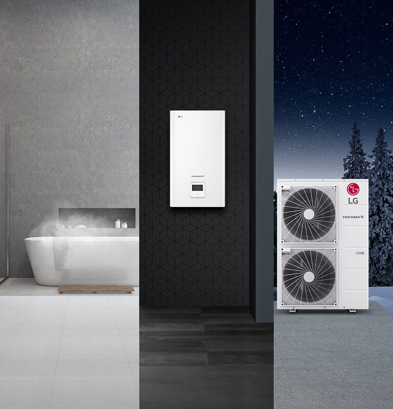 A steamy bathtub situates left, flanked by the LG Therma V indoor unit at the center and LG Therma V double-stack outdoor unit to the right.