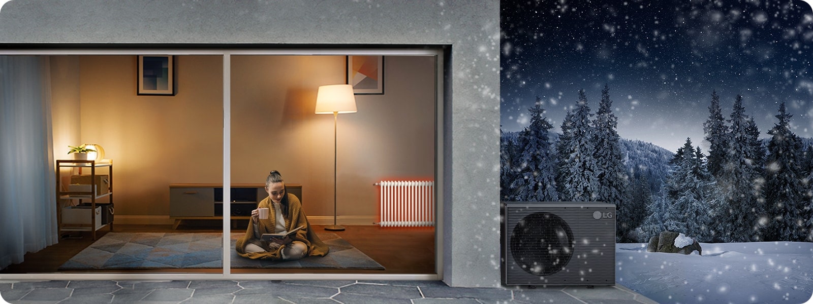 A woman is holding a cup and book while covered with the while the LG Therma V outdoor unit and a glowing red radiator adorn the right side.