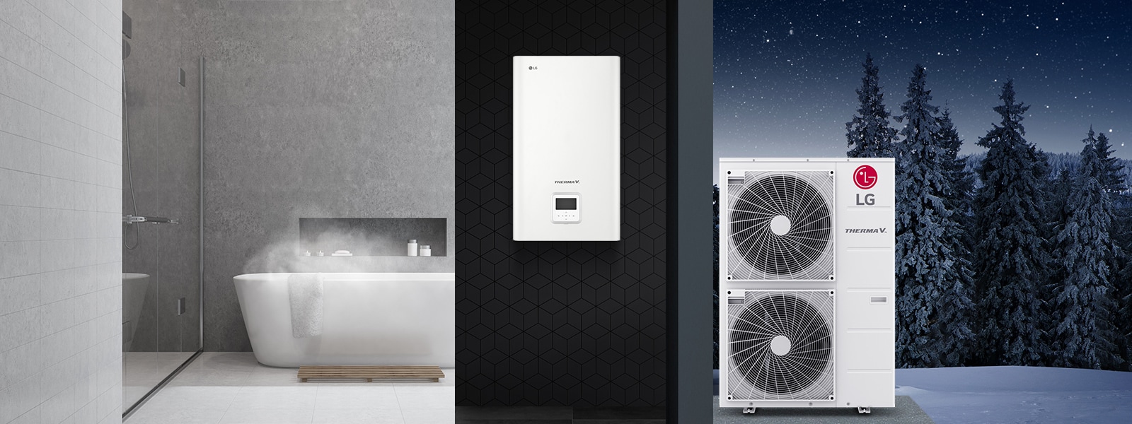 A steamy bathtub situates left, flanked by the LG Therma V indoor unit at the center and LG Therma V double-stack outdoor unit to the right.