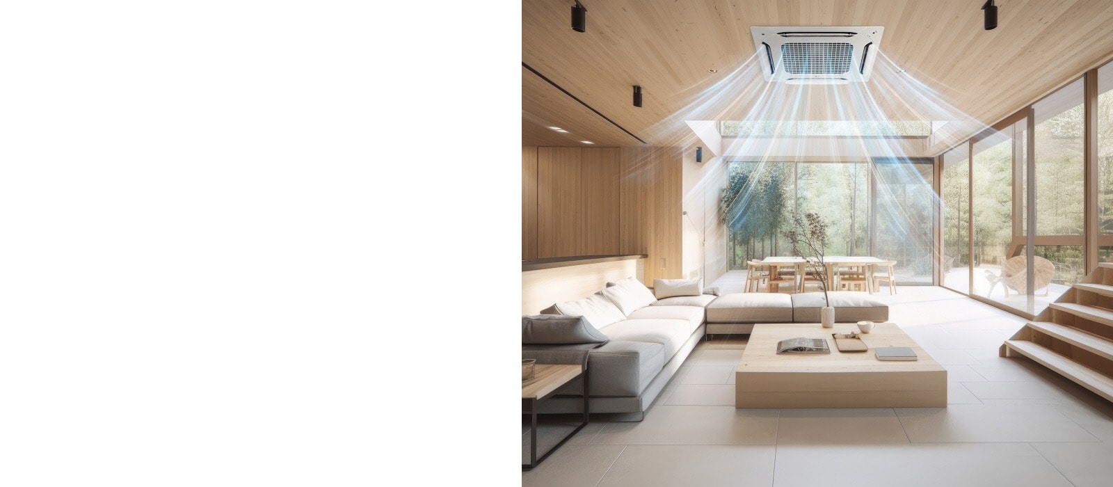 An LG Ceiling Cassette circulates airflow in a cozy living room with a sofa, table, and indoor trees.