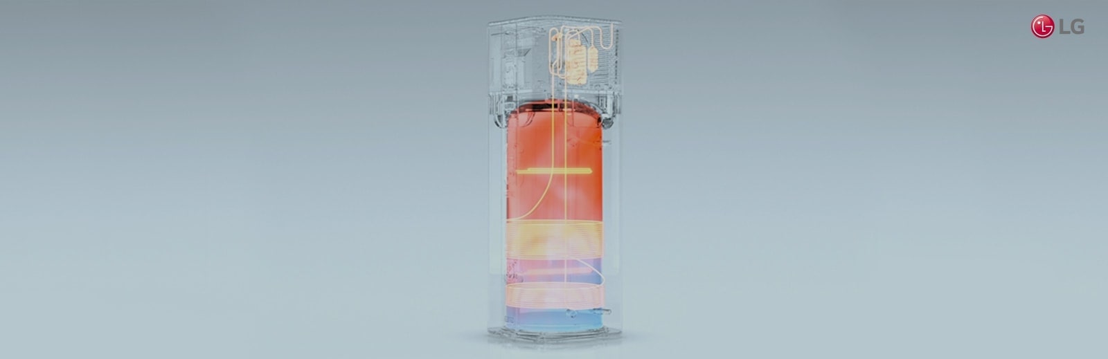 An X-ray view of LG Water Heater reveals a smaller blue section below, a larger red section above. A glowing coil winding its way through the unit.
