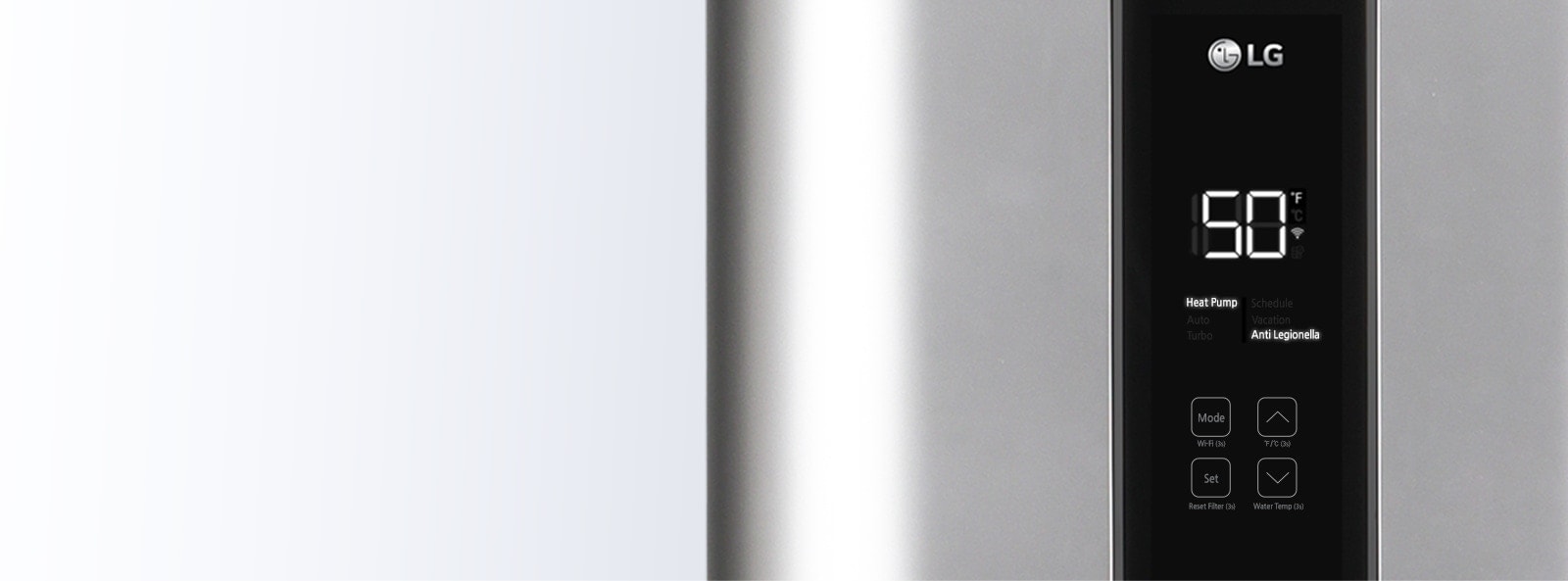 A close-up of the metallic LG water heater's screen reveals a displayed temperature of 50°F at the center.