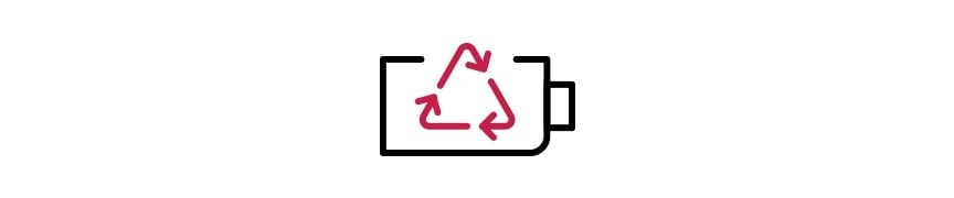 A battery, outlined in black, features a red-outlined recycle arrow at its center. 