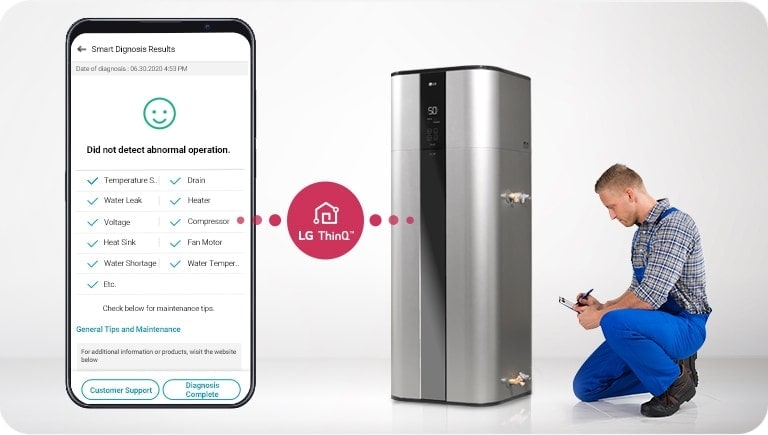 Smart diagnosis results show a smartphone on the left, linked to an LG Water Heater via a dotted circle, with a man holding a pen to the right.