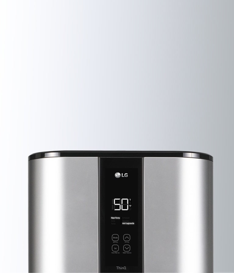 A close-up of the metallic LG water heater's screen reveals a displayed temperature of 50°F at the center.