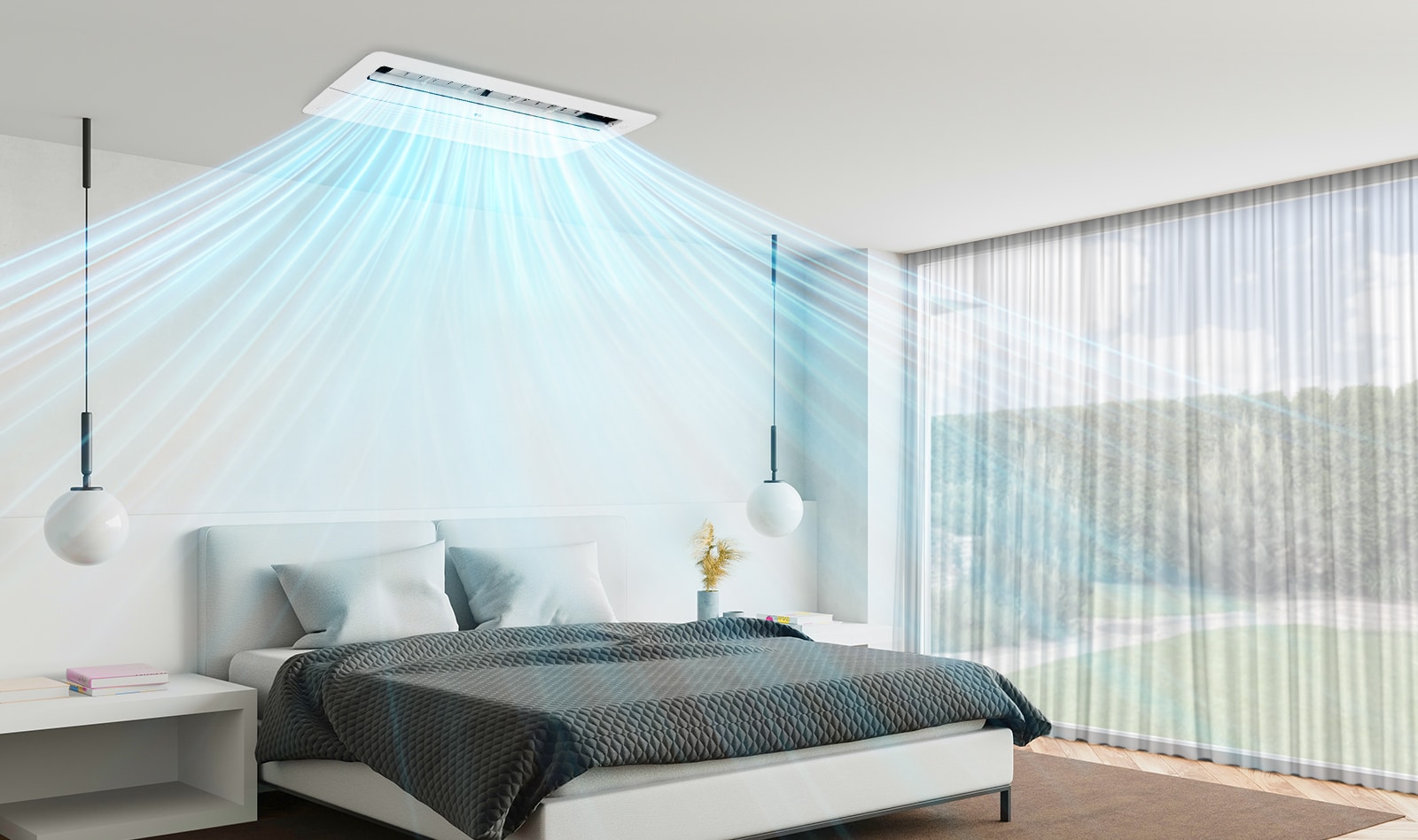 A Video of 1 way cassette installed on the ceiling of the bedroom providing clean and cool air. 