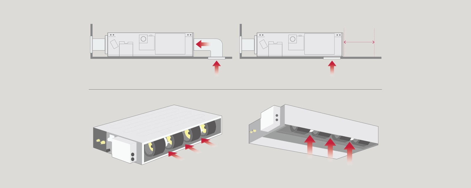 LG Concealed Duct diagram shows airflow path with red arrows and fresh air circulation sections.