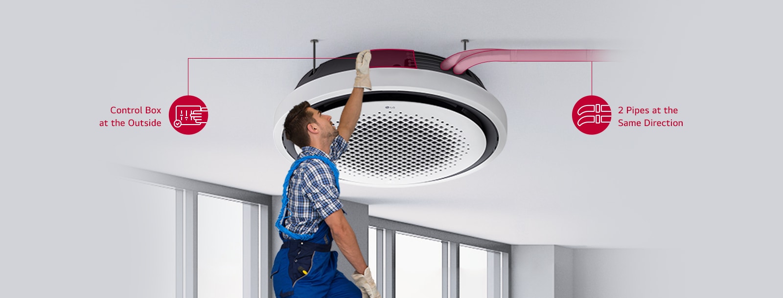 Technician installs LG Round Cassette with control box and aligned pipes on a sleek gray ceiling.