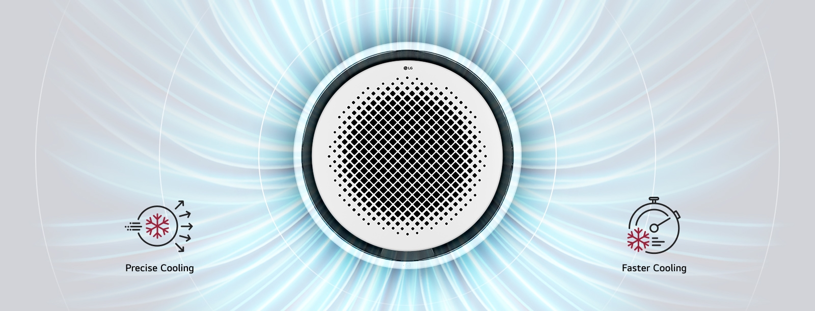 Round Cassette displayed with blue radial background, icons show 360° airflow and fast cooling.