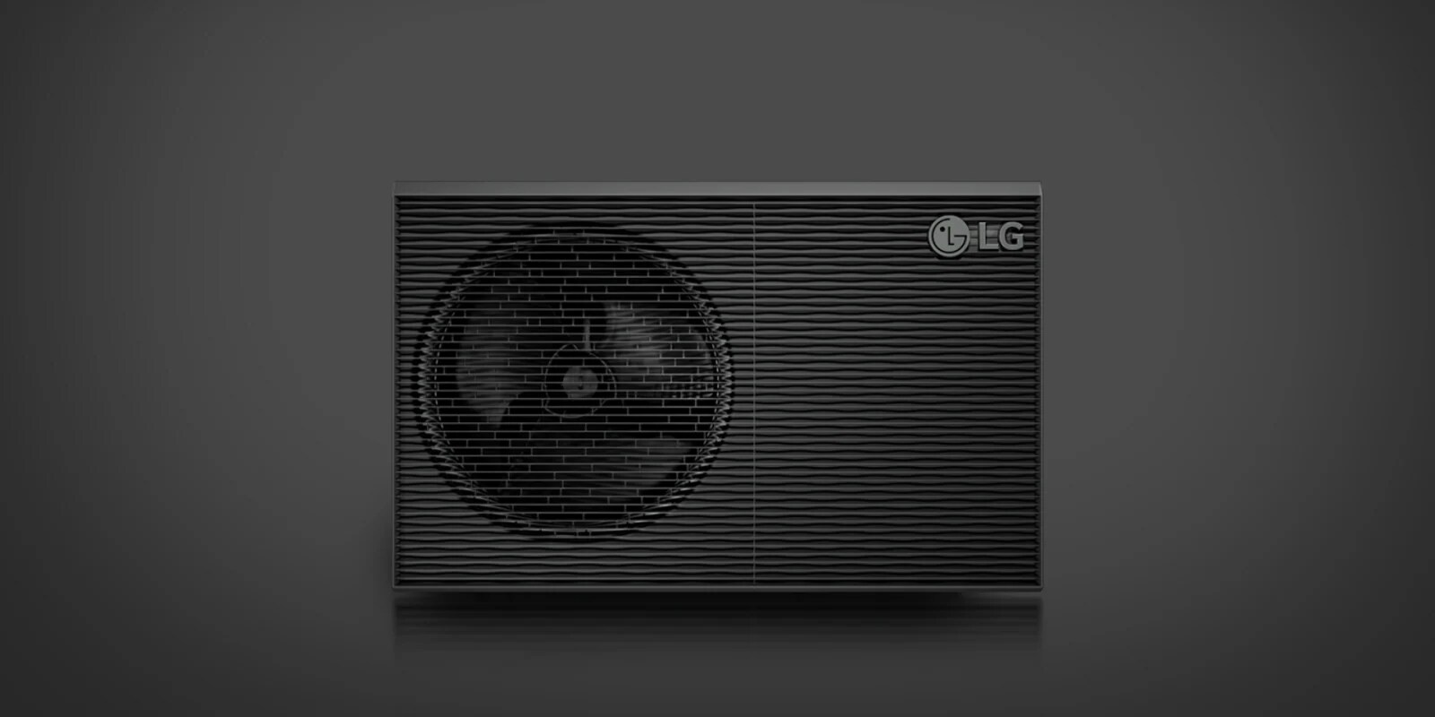LG R290 Monobloc is displayed with a halo shining behind the product. Its grey outdoor unit is gradually revealed against a black background.