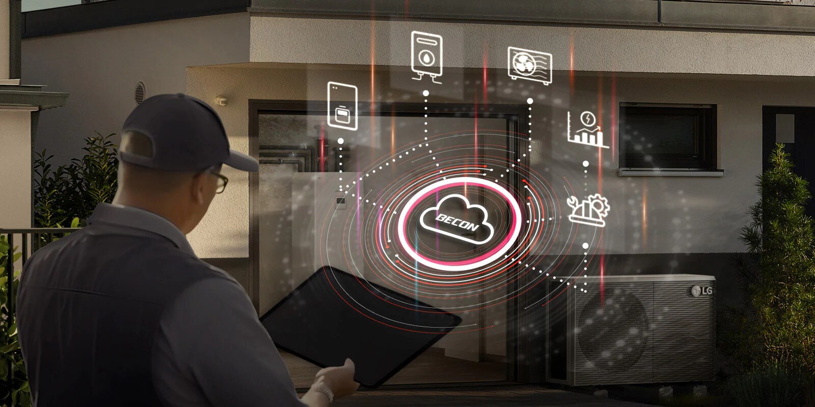 A smartphone showing the LG ThinQ app sits on the left, connected to an LG monobloc and WiFi modem on the right via a dotted line.