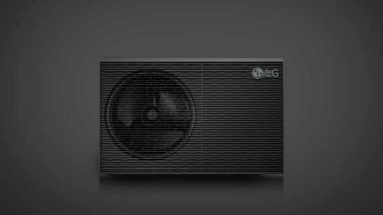 LG R290 Monobloc is displayed with a halo shining behind the product. Its grey outdoor unit is gradually revealed against a black background.