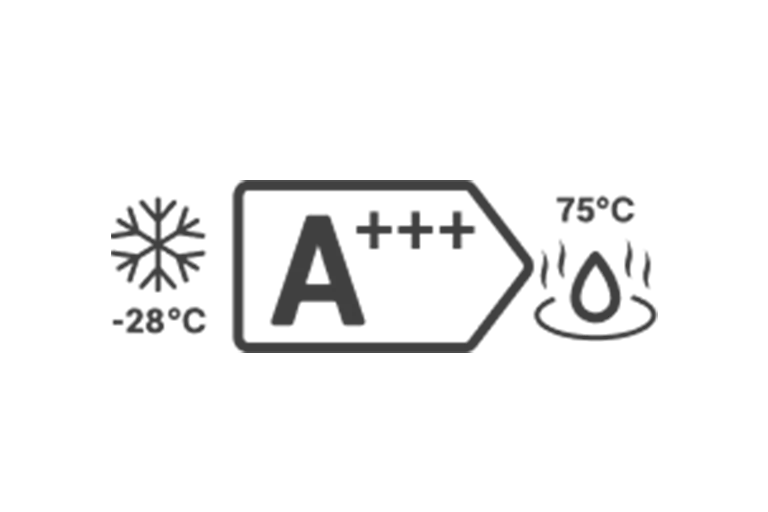 A large pentagram arrow with the letter 'A+++' in the center. On the left is a snowflake icon with a '-28°C' and a water droplet icon with a '75°C' on the right.