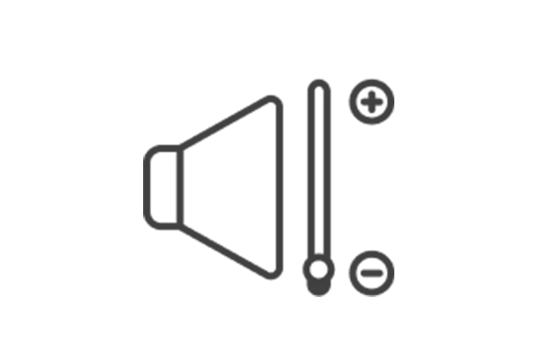 A speaker with a volume adjuster line on the right side with a + sign on the top and a - sign on the bottom. The adjuster button is on the bottom indicating low noise.