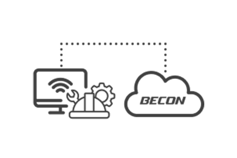 A monitor displaying a wifi icon on the left with gear icons in the front is connected to the LG BECON cloud icon on the right side with a grey dotted line. 