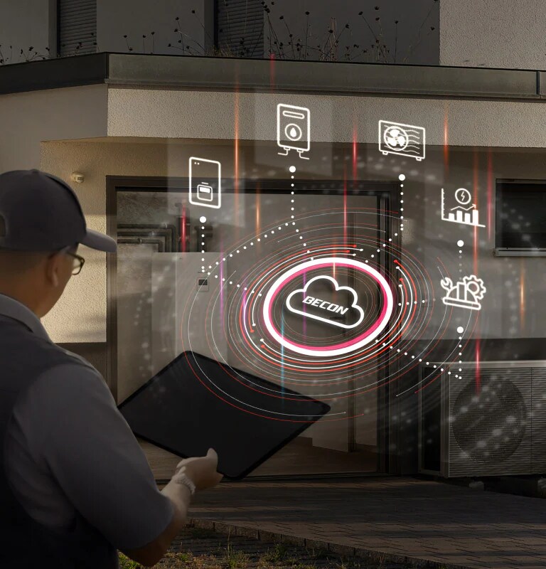 A smartphone showing the LG ThinQ app sits on the left, connected to an LG monobloc and WiFi modem on the right via a dotted line.
