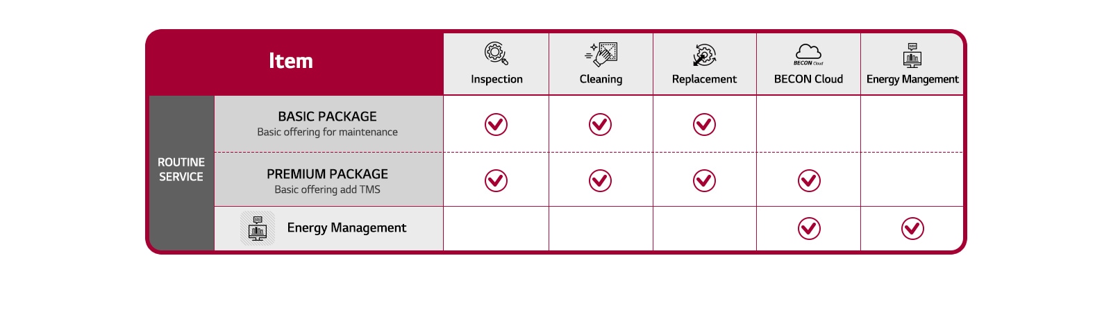 Comparison chart outlines basic, and premium packages, each offering unique inspection, cleaning, replacement, BECON, and energy management services.