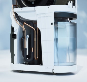 The LG dehumidifier is easily stored under the desk.