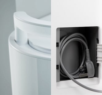 LG dehumidifier with neatly stored handle and cord storage space