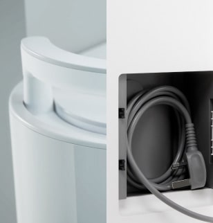 LG dehumidifier with neatly stored handle and cord storage space