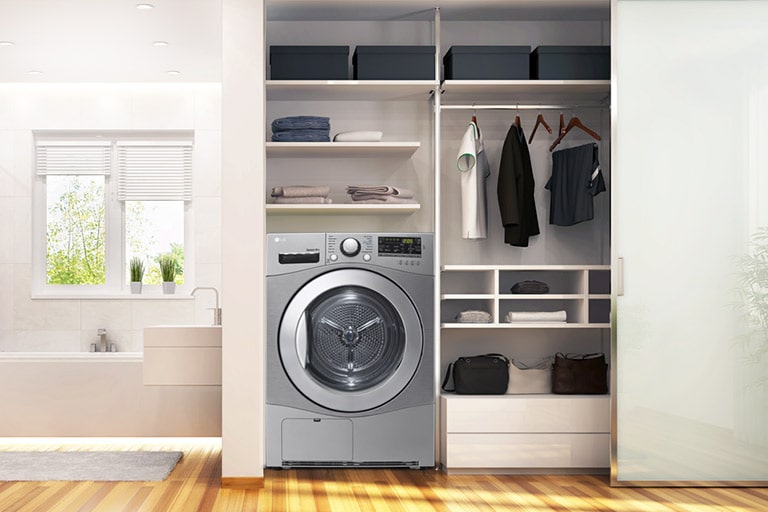 The Condensing Type Dryer is shown in a bathroom, with two side by side in a utility room, with two dryers stacked one on top of the other on a veranda, and with one in a living room closet.