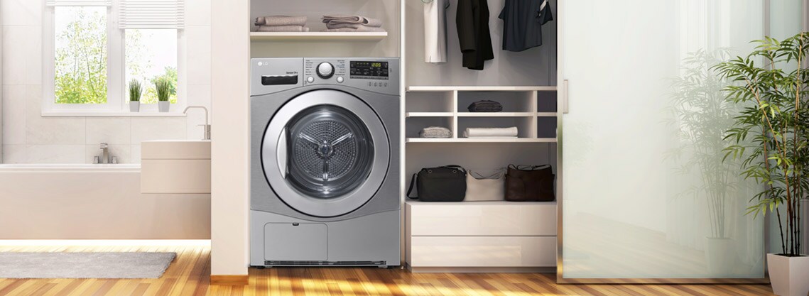 The Condensing Type Dryer is shown in a bathroom, with two side by side in a utility room, with two dryers stacked one on top of the other on a veranda, and with one in a living room closet.