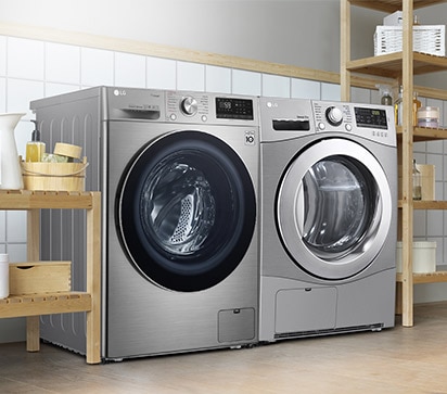 The Condensing Type Dryer is shown in a bathroom, with two side by side in a utility room, with two dryers stacked one on top of the other on a veranda, and with one in a living room closet.