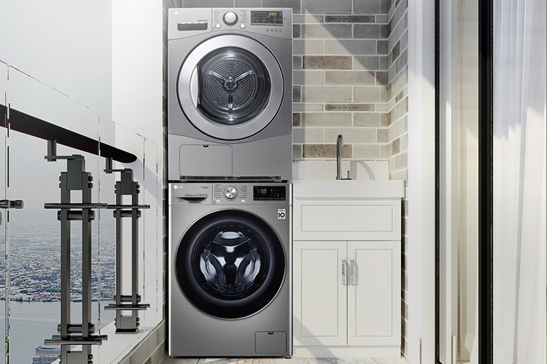 The Condensing Type Dryer is shown in a bathroom, with two side by side in a utility room, with two dryers stacked one on top of the other on a veranda, and with one in a living room closet.