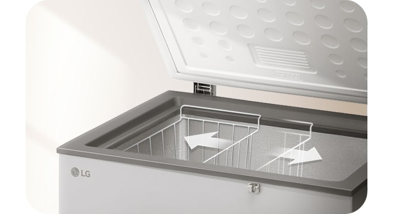 LG chest freezer basket neatly stores smaller items for quick, organized access