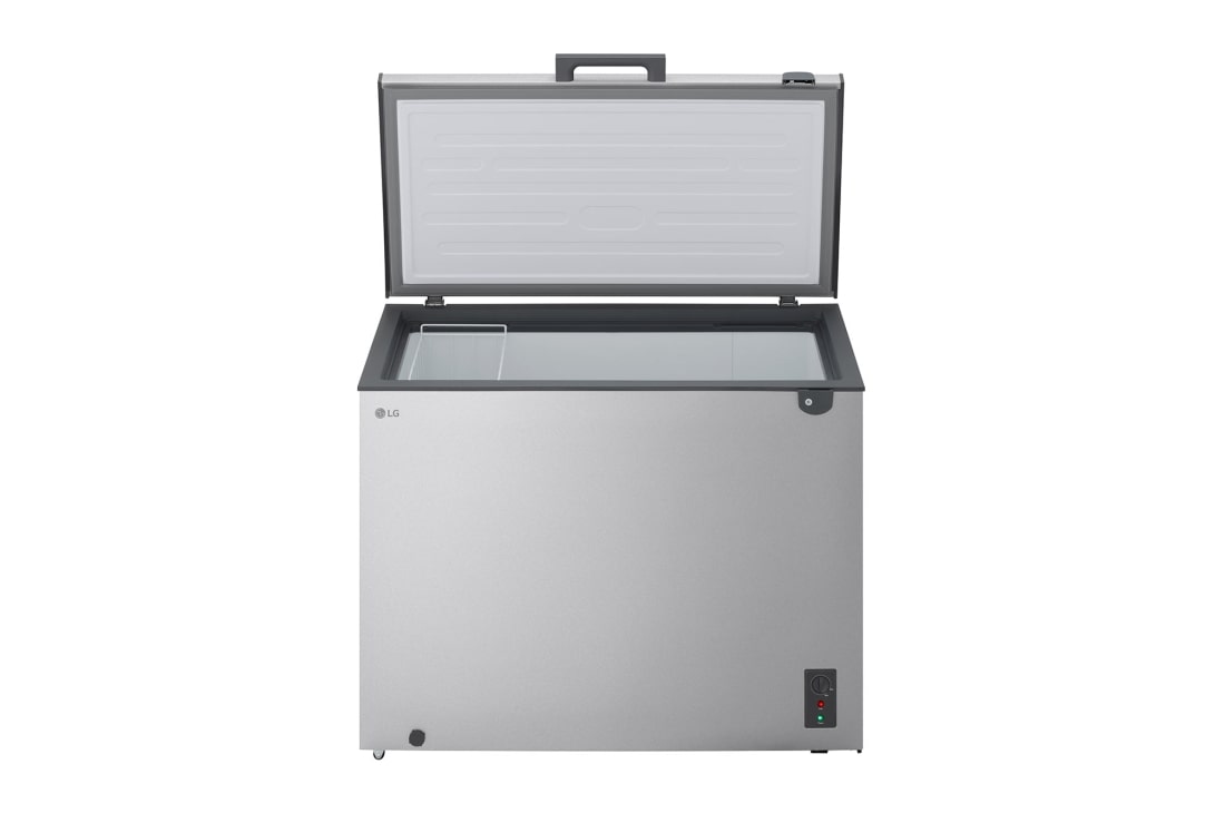 LG 291L Chest Freezer Silver, LG chest freezer side view showing door opening, GCFB305BQCF, thumbnail 3
