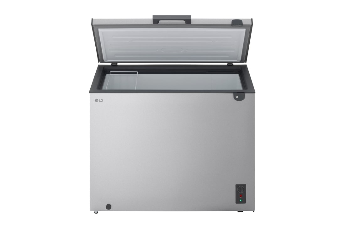 LG 291L Chest Freezer Silver, LG chest freezer side view showing half door opening, GCFB305BQCF, thumbnail 4