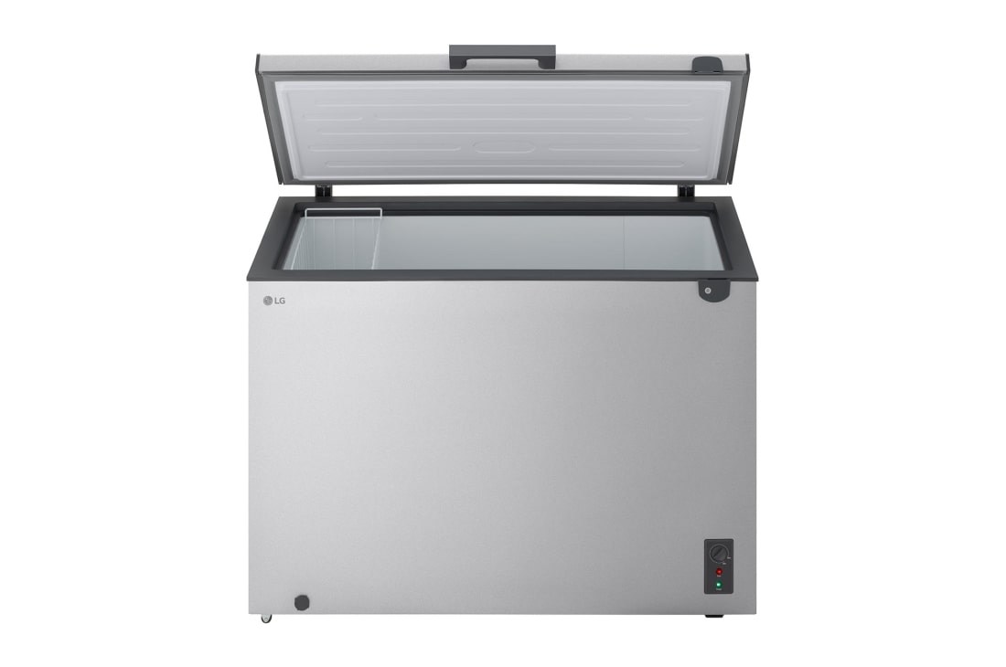 LG 497L Chest Freezer Silver, LG chest freezer side view showing half door opening, GCFB505BQCF, thumbnail 4