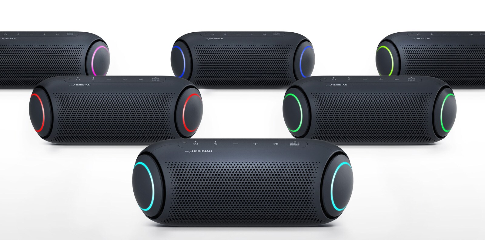 On a white background, five XBOOM Go show different color lighting.