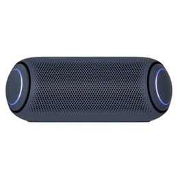 Light shines from the surroundings and the front of the XBOOM Go with sky blue lighting on either end is visible.2