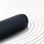 LG XBOOM Go PL5 20W Portable Bluetooth Speaker with Meridian Audio Technology, On a white background, LG XBOOM Go faces the upper right with purple lighting, there is a ripple effect under the product., PL5, thumbnail 3