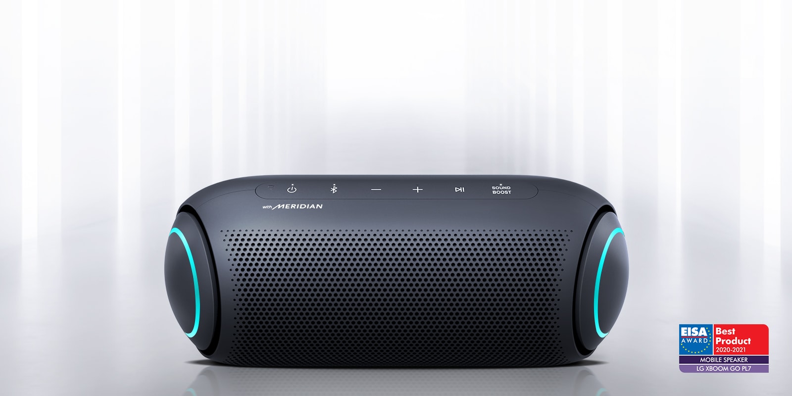 Light shines from the surroundings and the front of the XBOOM Go with blue lighting on either end is visible.