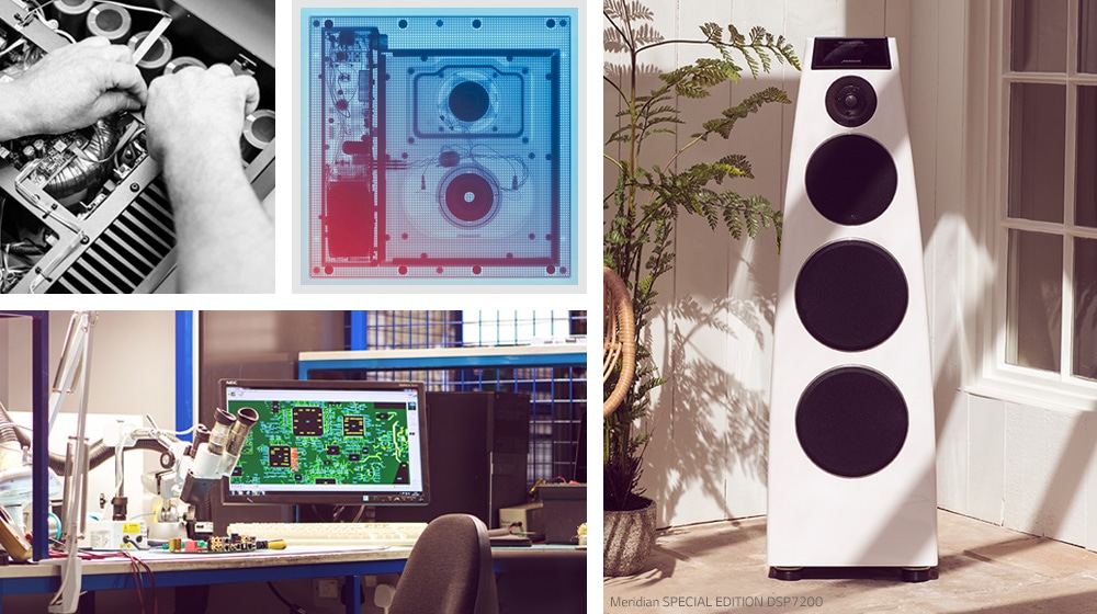 Collage. Clockwise from top-left: two images of Meridian internal hardware, a white Meridian speaker, and Meridian R&D desk  