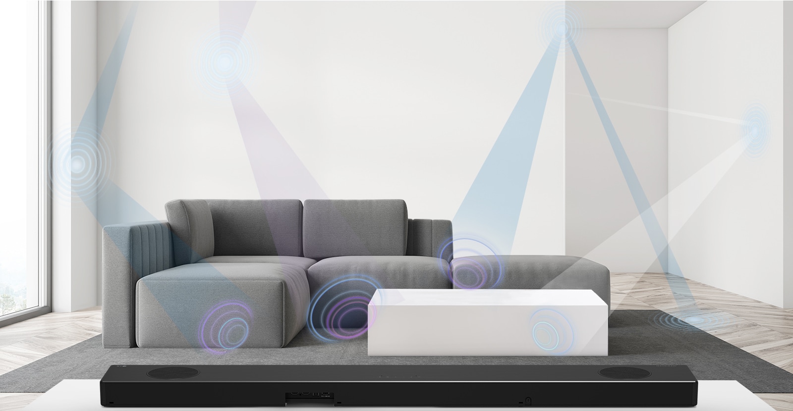 Back of LG Soundbar in living room with gray sofa in the center. Graphics of the wavelength measuring the space are shown.