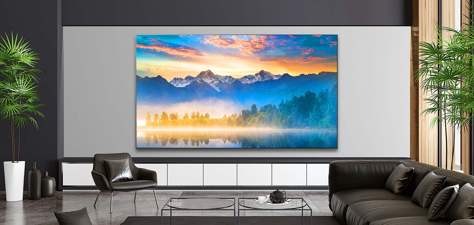 TV showing an eye level view of nature in a luxurious house setting